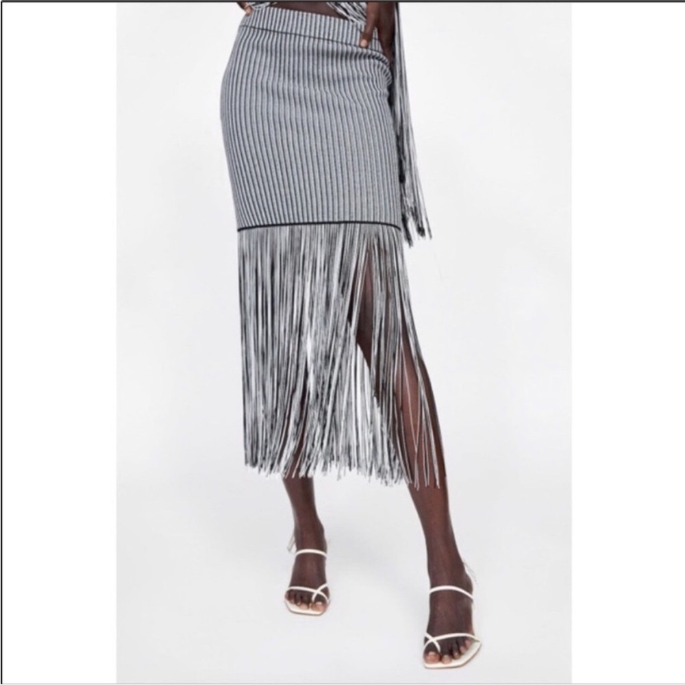 Zara Black and White Striped Fringe Pencil Skirt
